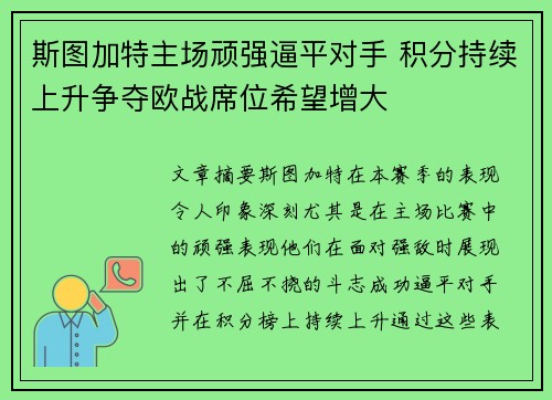 斯图加特主场顽强逼平对手 积分持续上升争夺欧战席位希望增大