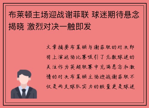 布莱顿主场迎战谢菲联 球迷期待悬念揭晓 激烈对决一触即发