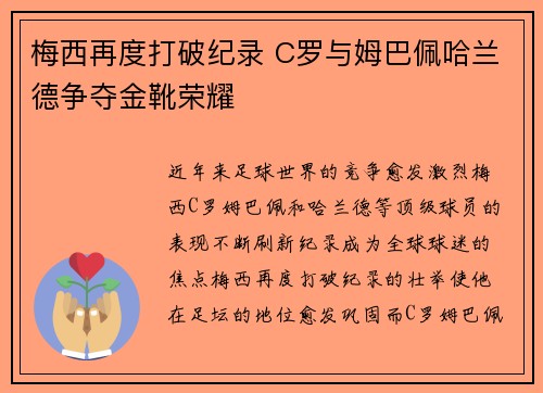 梅西再度打破纪录 C罗与姆巴佩哈兰德争夺金靴荣耀