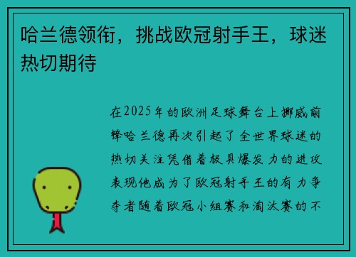 哈兰德领衔，挑战欧冠射手王，球迷热切期待