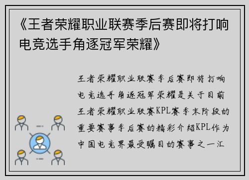 《王者荣耀职业联赛季后赛即将打响 电竞选手角逐冠军荣耀》